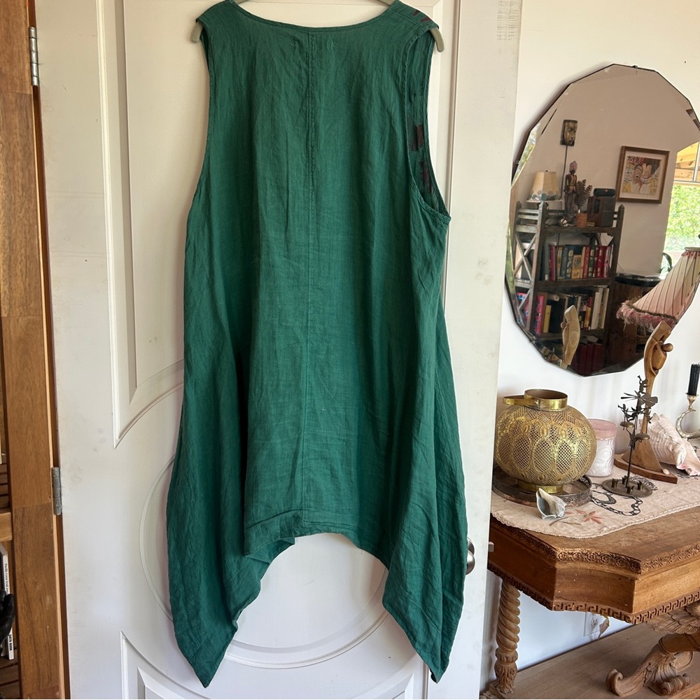 Blue Fish Handmade Hand Painted Teal Floral Summer Linen Dress EUC - Picture 3 of 6